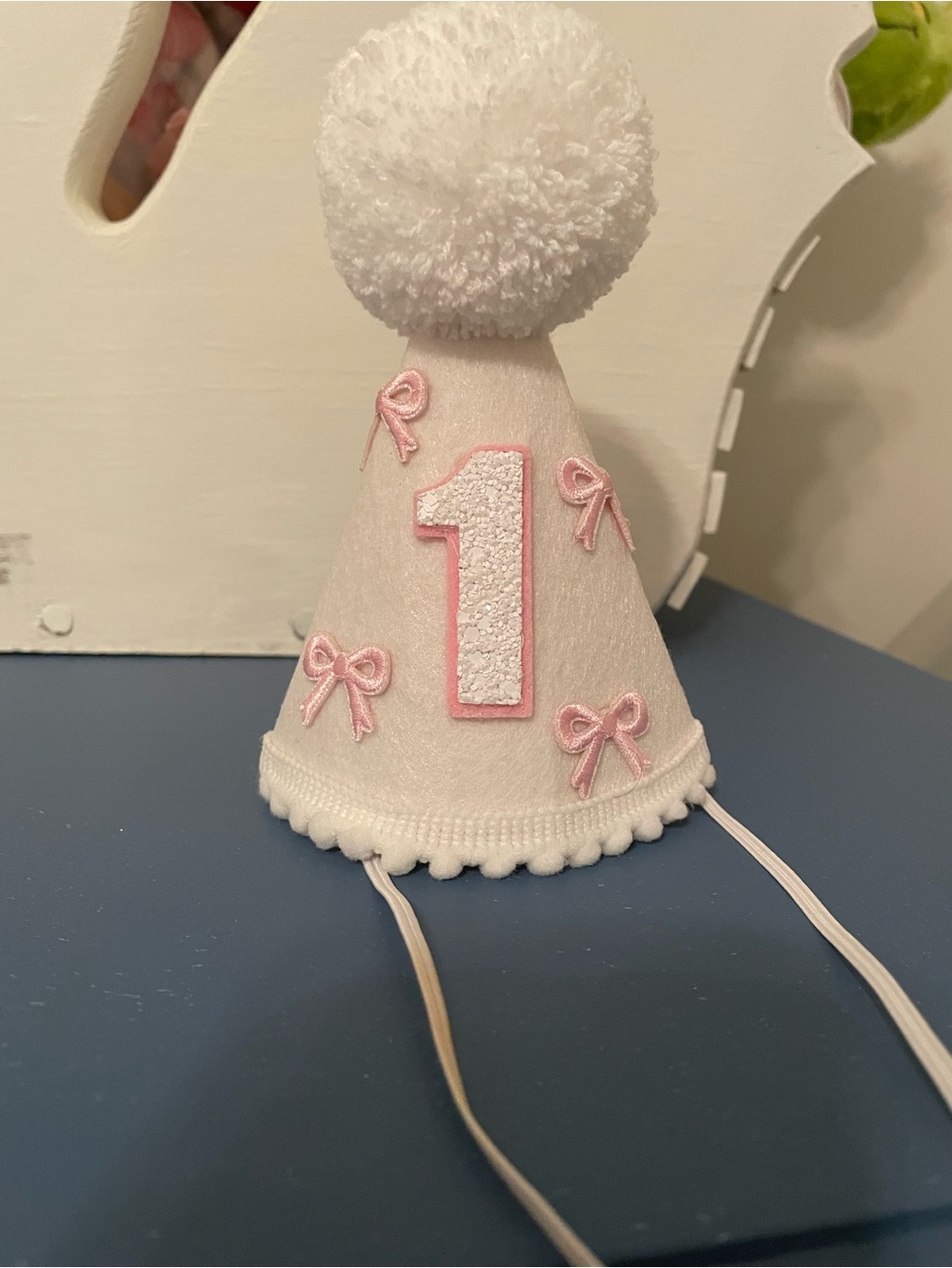 First Birthday Pom-Pom Party Hat - Pink and White